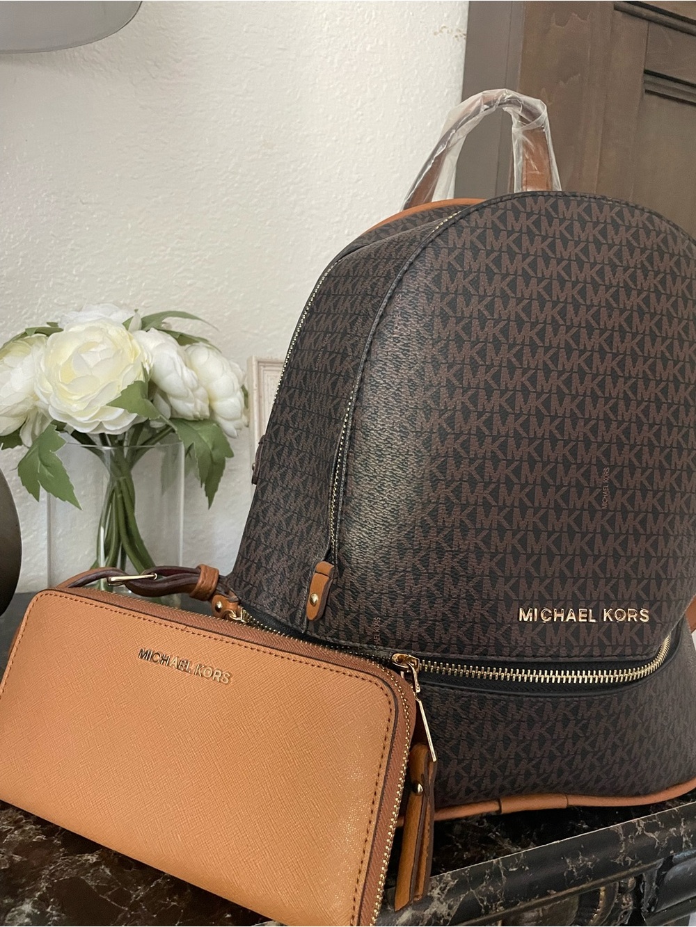 Michael Kors Brown Logo Backpack with Tan Leather Wallet